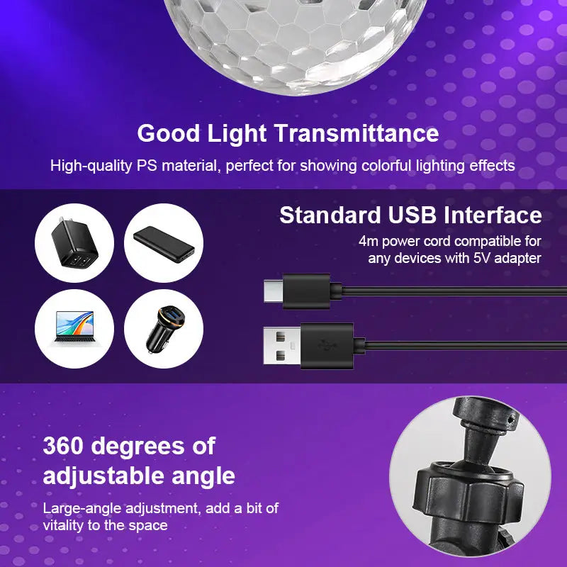 Colorful Rotating Lantern 5V USB Rechargeable Crystal Magic Ball Car Atmosphere Light Sound-Controlled Flashing Disco