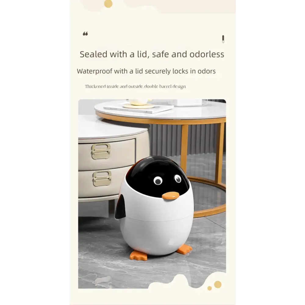 Cute Penguin Trash Can with Lid – Odor-Proof & Durable Perfect for Living Room Bedroom Bathroom - Trash