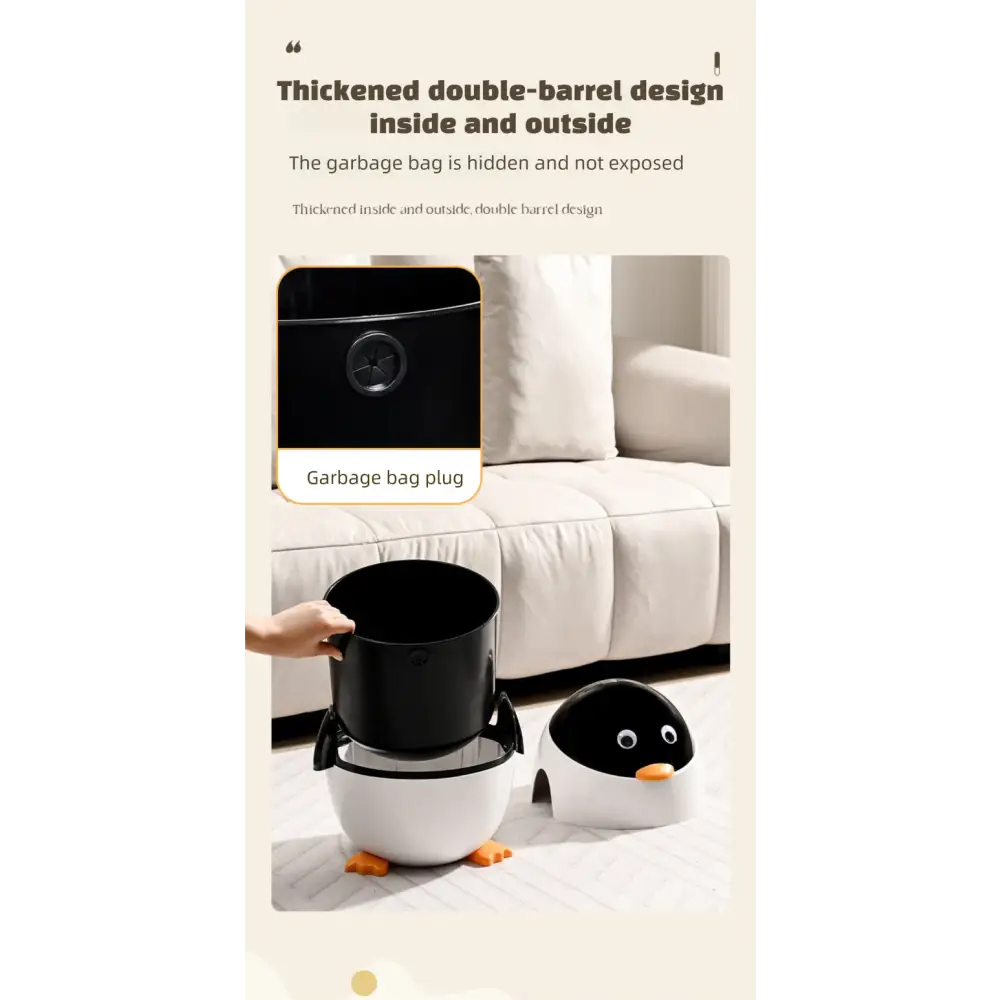 Cute Penguin Trash Can with Lid – Odor-Proof & Durable Perfect for Living Room Bedroom Bathroom - Trash