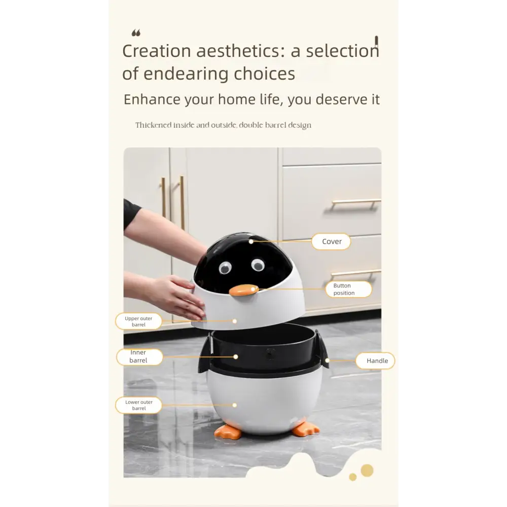 Cute Penguin Trash Can with Lid – Odor-Proof & Durable Perfect for Living Room Bedroom Bathroom - Trash