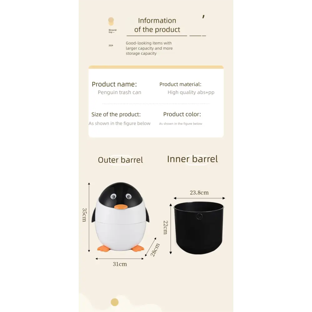 Cute Penguin Trash Can with Lid – Odor-Proof & Durable Perfect for Living Room Bedroom Bathroom - Trash