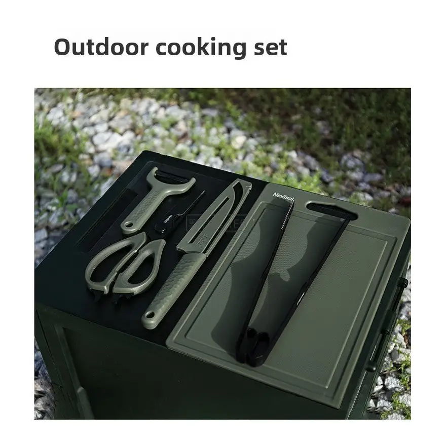 Magic Outdoor BBQ Tool Box Kitchenware Portable Set Camping Cutting Board Peeler Picnic Cooking - Army Green