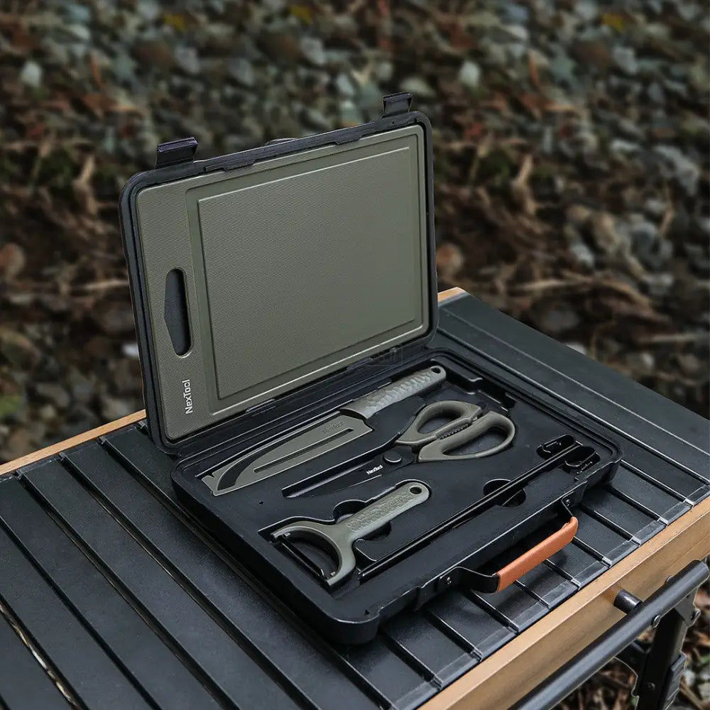 Magic Outdoor BBQ Tool Box Kitchenware Portable Set Camping Cutting Board Peeler Picnic Cooking - Army Green