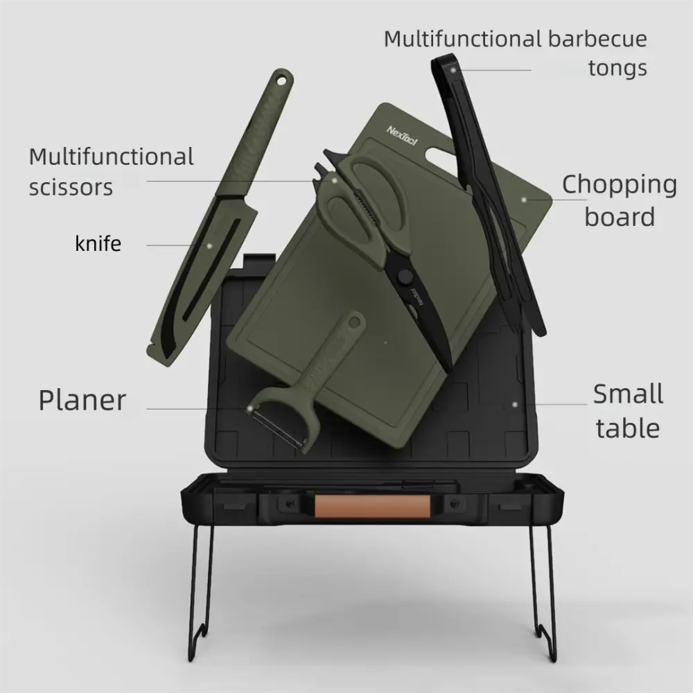 Magic Outdoor BBQ Tool Box Kitchenware Portable Set Camping Cutting Board Peeler Picnic Cooking - Army Green