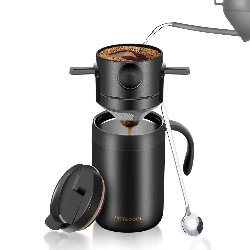 Outdoor Portable Pour-Over Coffee Cup Set – Stainless Steel Insulated Travel Mug for Home & Travel - Black thermos cup