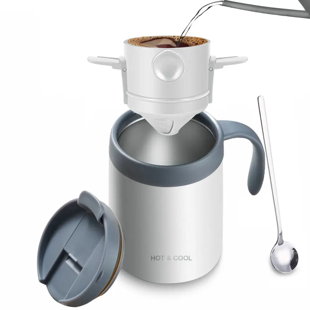 Outdoor Portable Pour-Over Coffee Cup Set – Stainless Steel Insulated Travel Mug for Home & Travel - White thermos cup