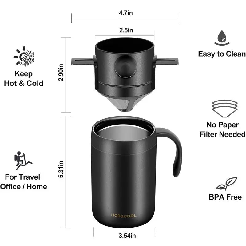 Outdoor Portable Pour-Over Coffee Cup Set – Stainless Steel Insulated Travel Mug for Home & Travel - Black thermos cup