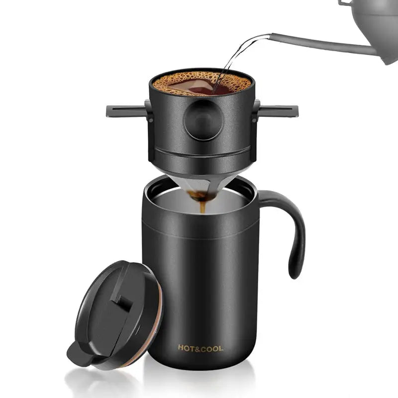 Outdoor Portable Pour-Over Coffee Cup Set – Stainless Steel Insulated Travel Mug for Home & Travel - Black thermos cup