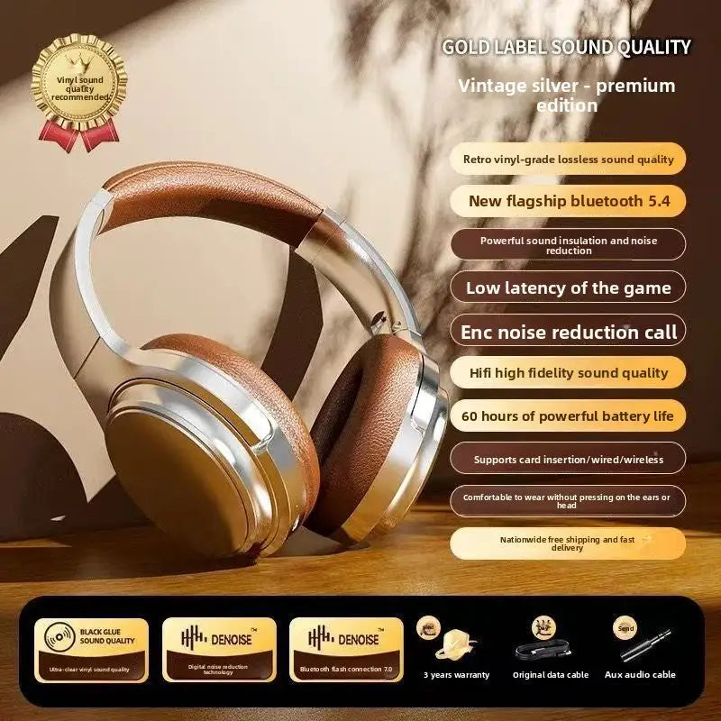 Retro Bluetooth Over-Ear Headphones | Wireless Metal Design Long Battery Life for Sports & Travel - Silver Brown