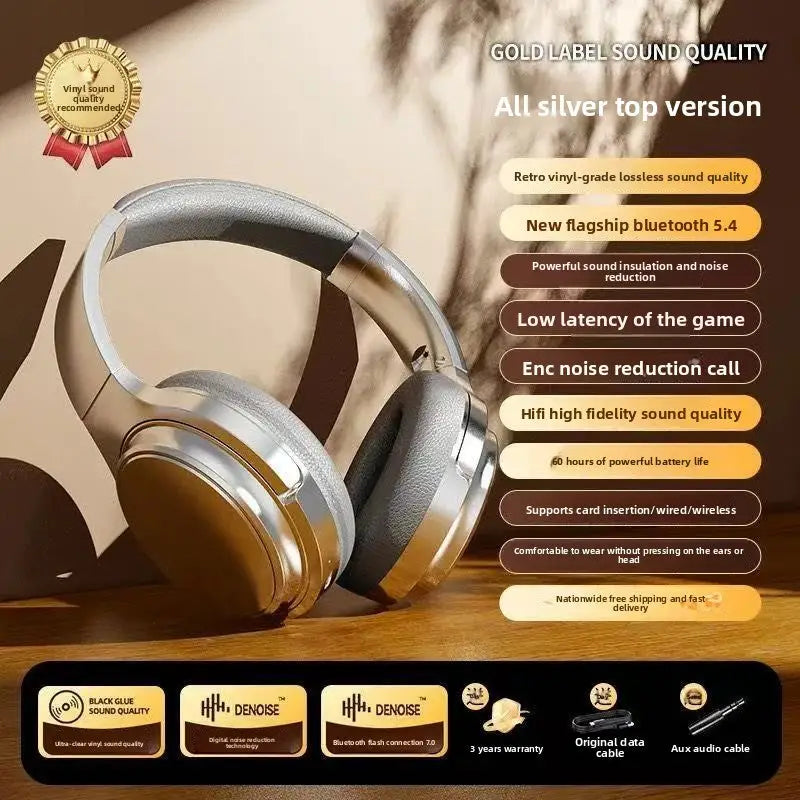 Retro Bluetooth Over-Ear Headphones | Wireless Metal Design Long Battery Life for Sports & Travel - Pure silver
