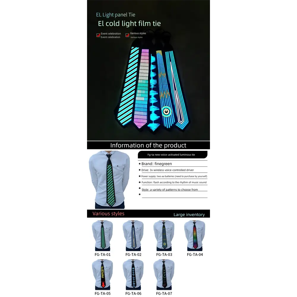 Voice-activated luminous tie Christmas ball party performance fun Halloween pattern voice-activated el luminous tie