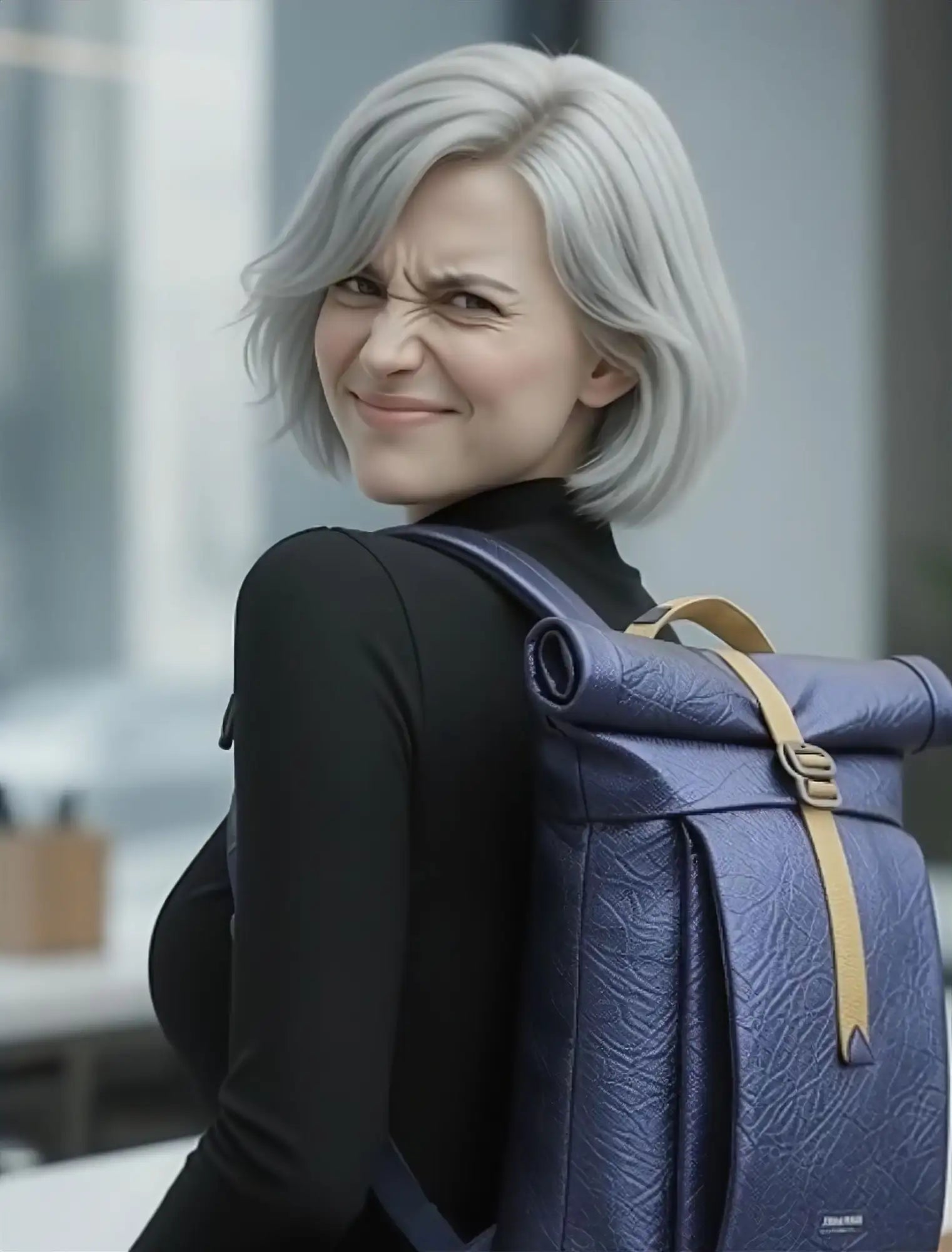 Blue textured backpack with gold accents and adjustable straps.