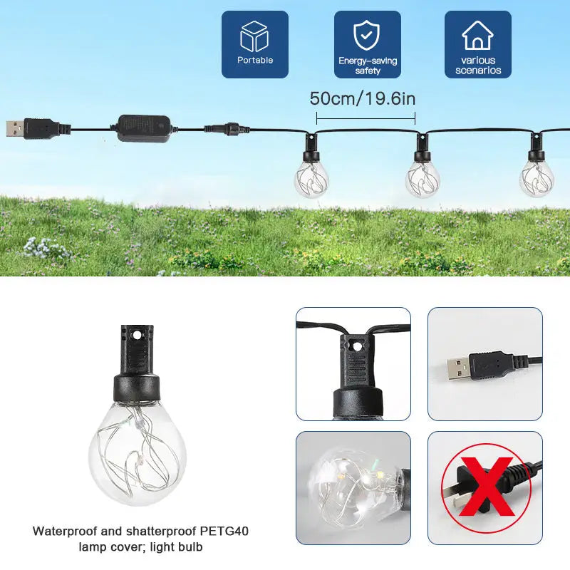 LED Solar G40 Copper Wire Atmosphere Light String Outdoor Courtyard Waterproof Light Tent Camping Canopy Decorative