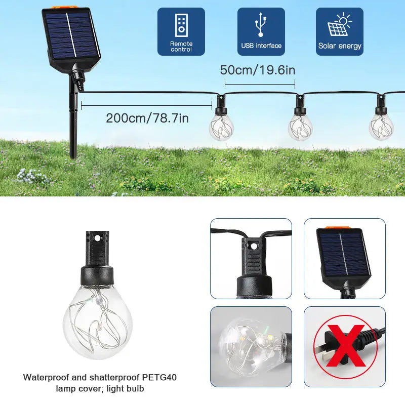 LED Solar G40 Copper Wire Atmosphere Light String Outdoor Courtyard Waterproof Light Tent Camping Canopy Decorative