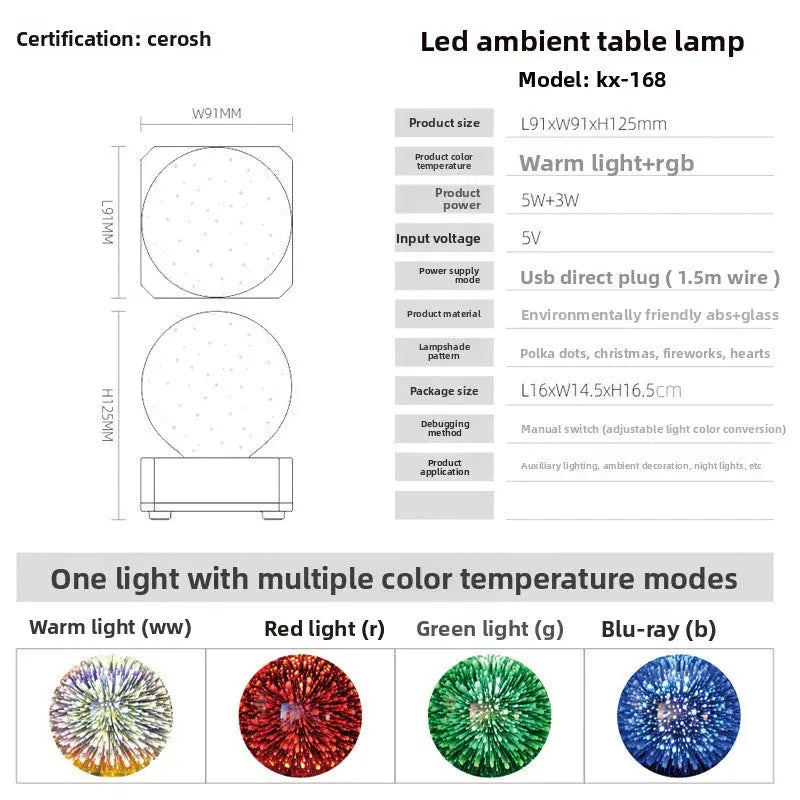 LED3D Fireworks Night Light Christmas Romantic Atmosphere Small Table Lamp USB Dream Cube Atmosphere Light Bedside Lamp