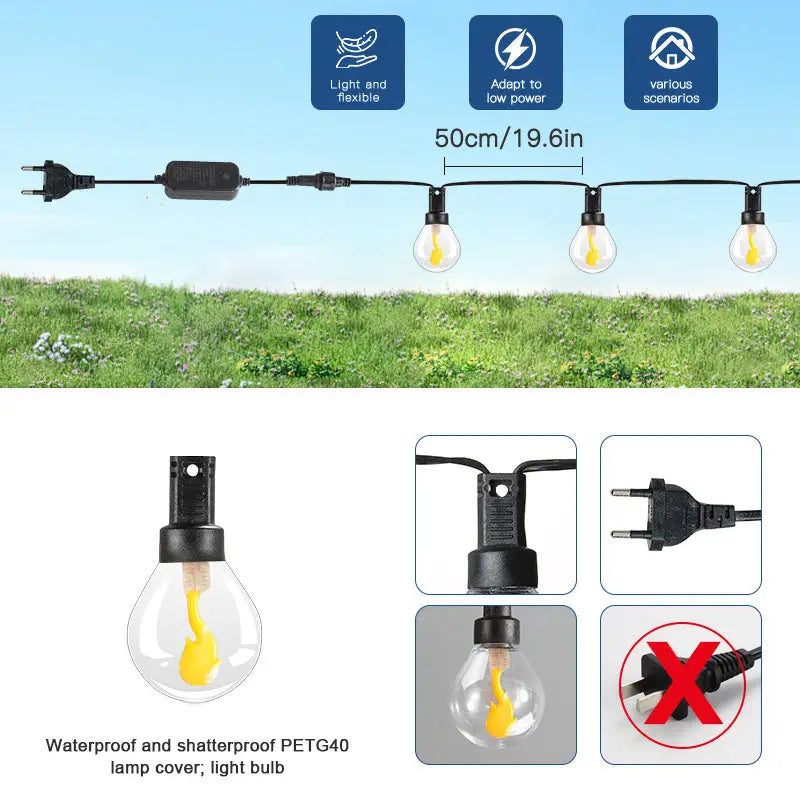 Outdoor Solar G40 Flame Bubble Light String Waterproof Courtyard Camping Energy-Saving Light String Wedding Party