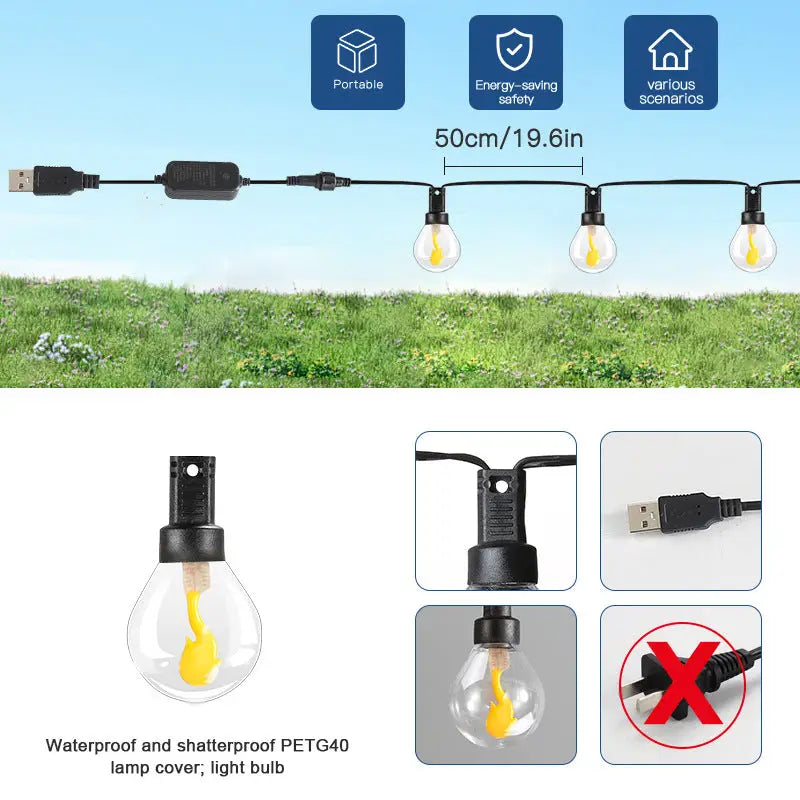 Outdoor Solar G40 Flame Bubble Light String Waterproof Courtyard Camping Energy-Saving Light String Wedding Party