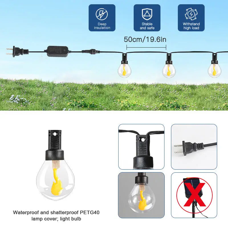 Outdoor Solar G40 Flame Bubble Light String Waterproof Courtyard Camping Energy-Saving Light String Wedding Party