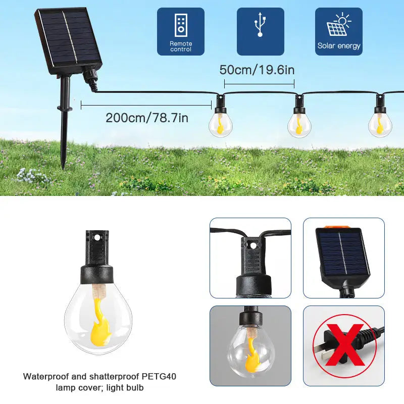 Outdoor Solar G40 Flame Bubble Light String Waterproof Courtyard Camping Energy-Saving Light String Wedding Party