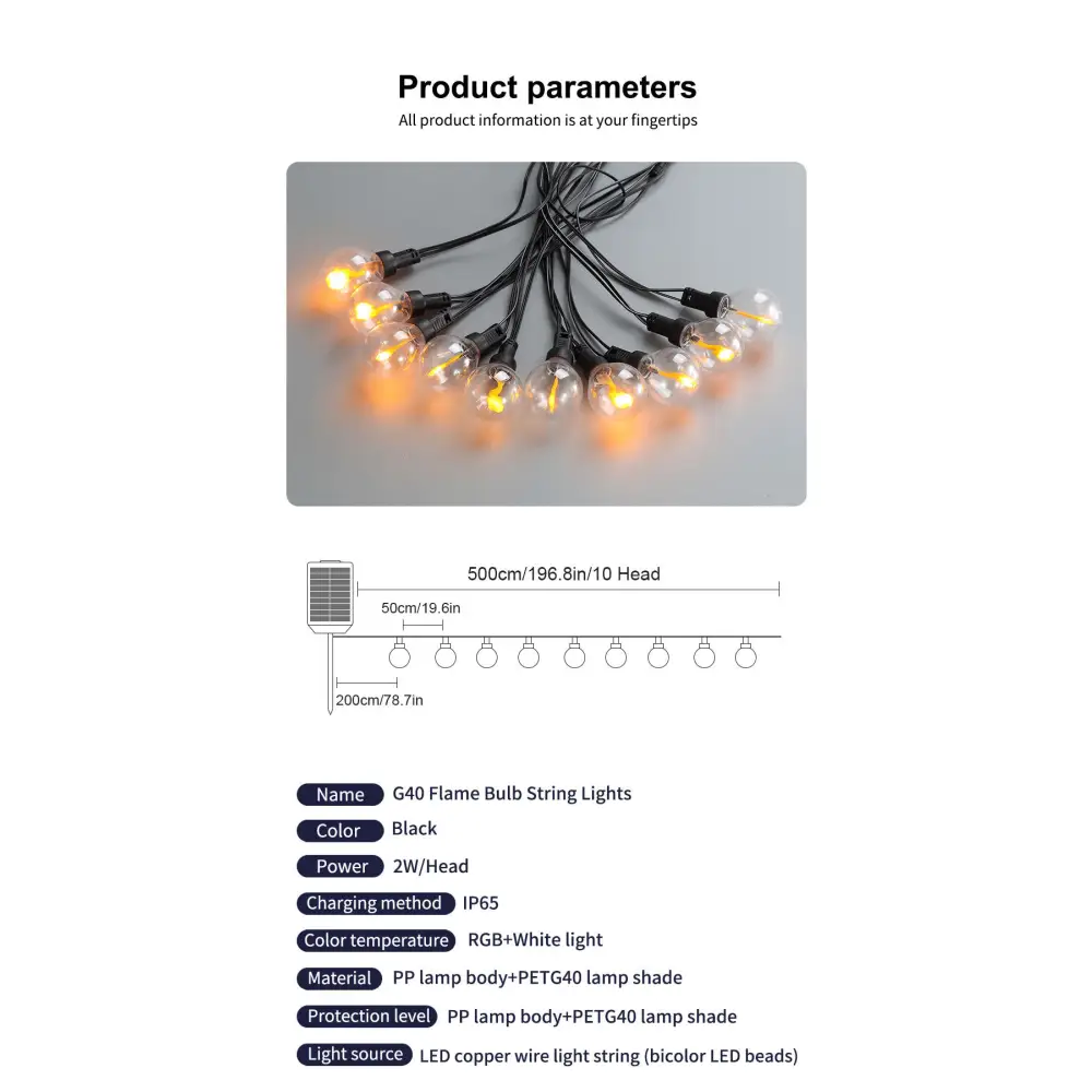 Outdoor Solar G40 Flame Bubble Light String Waterproof Courtyard Camping Energy-Saving Light String Wedding Party
