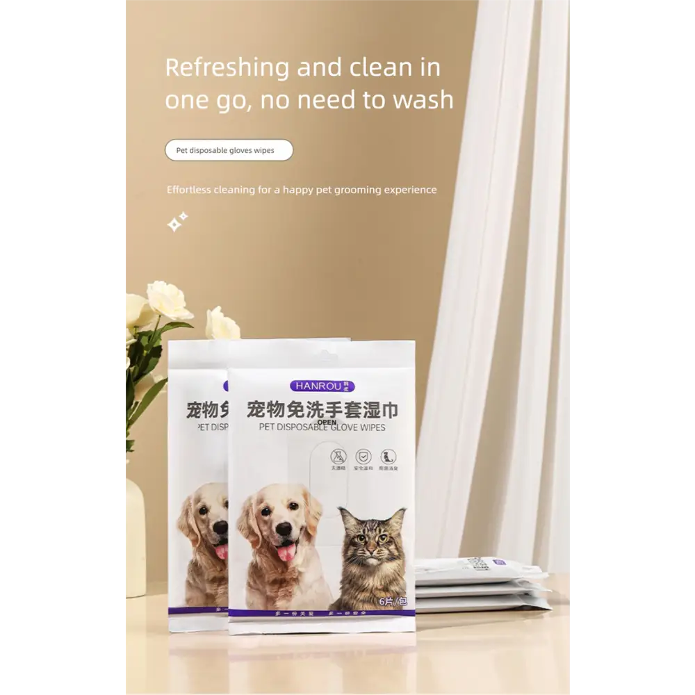 Pet Disposable Wet Wipes Gloves for Dogs & Cats | Bath-Free Cleaning & Deodorizing 6-Pack with Plant Extracts - 宠物用品