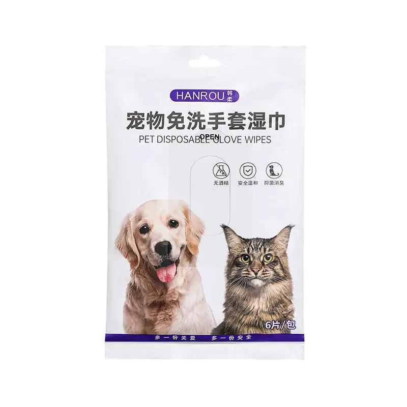 Pet Disposable Wet Wipes Gloves for Dogs & Cats | Bath-Free Cleaning & Deodorizing 6-Pack with Plant Extracts - 宠物用品