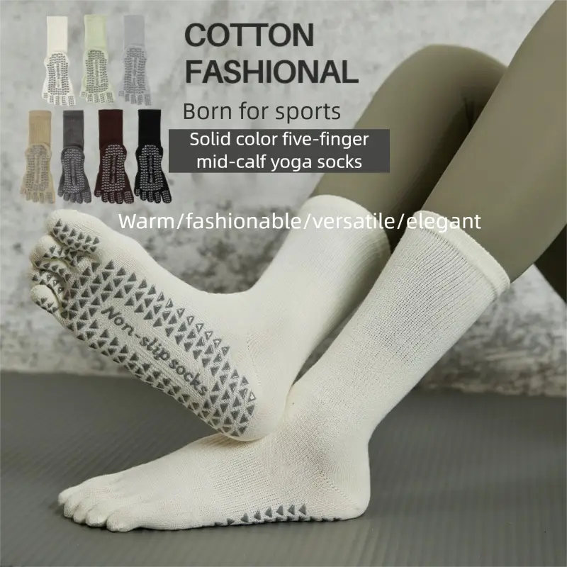 Pilates Non-Slip Socks Yoga Socks Women Mid-Calf Sweat-Absorbing Five-Toe Socks Fitness Sports Toe Separator - Fashion