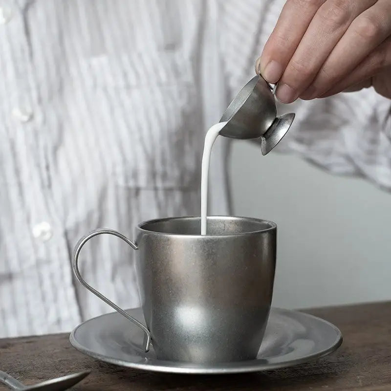 Vintage Mini Milk Cup Milk Pot Stainless Steel Coffee Pull Flower Cup - Set (350ml milk pot √ 600ml milk pot √ 10ml