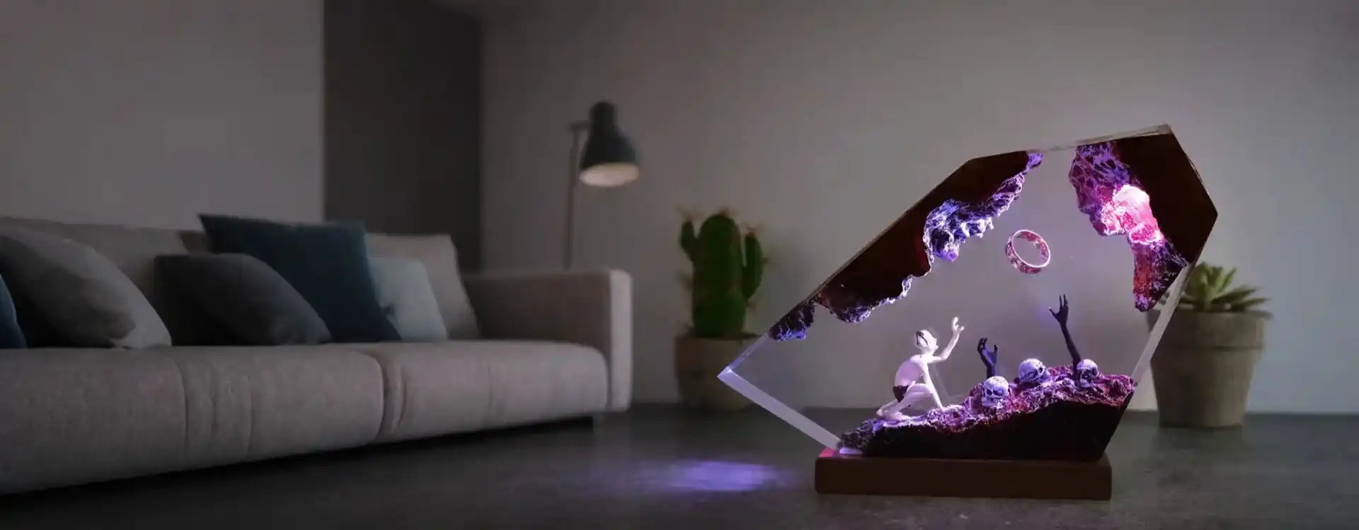 3d acrylic sculpture of a woman with purple and pink hues, floating in an abstract cave-like environment.1621243260e1af0c20-0
